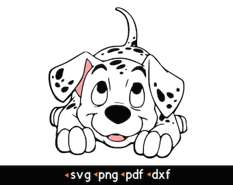 May include: A black and white cartoon Dalmatian puppy with a pink nose and ears, looking to the left. The puppy has spots and is lying down with its paws in the air.