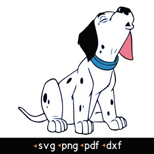 May include: A black and white cartoon Dalmatian dog with a blue collar and a pink tongue sticking out. The dog is sitting with its head tilted back and its eyes closed.