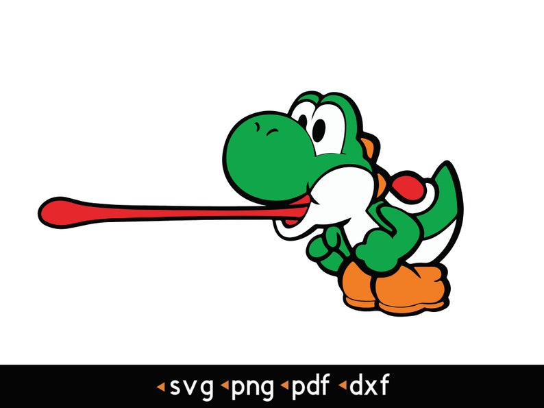 May include: A green and white cartoon character with a red tongue sticking out. The character has a green shell and a white body with orange legs.