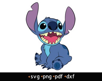 May include: A blue cartoon character with large ears and a wide open mouth, smiling with white teeth. The character has large, round, black eyes and is sitting with its legs crossed.