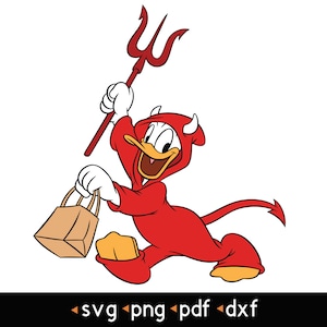 May include: A cartoon duck dressed as a devil holding a red pitchfork and a brown paper bag. The duck is wearing a red devil costume with horns and a tail.