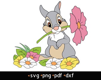 May include: A cartoon rabbit holding a pink flower with green leaves. The rabbit is gray with brown ears and a brown nose. The rabbit is surrounded by yellow, white, and pink flowers.