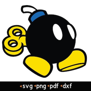 Puede incluir: Ilustración de dibujos animados de un personaje de bomba negra con ojos blancos, pies amarillos y una llave de cuerda amarilla. La bomba tiene una mecha azul y está sobre un fondo blanco. La imagen incluye el texto "svg png pdf dxf".