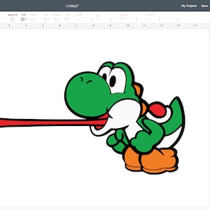May include: A green, white, and red cartoon Yoshi character with a long red tongue sticking out. The character is in a standing position with its arms raised and its legs bent.