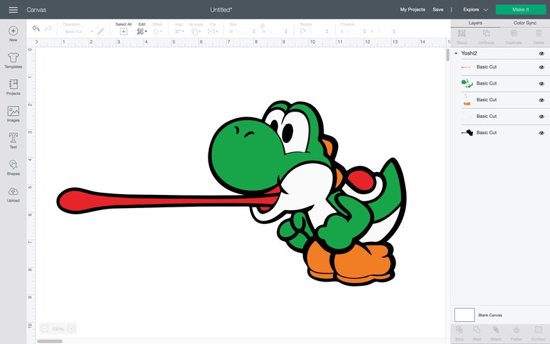 May include: A green, white, and red cartoon Yoshi character with a long red tongue sticking out. The character is in a standing position with its arms raised and its legs bent.