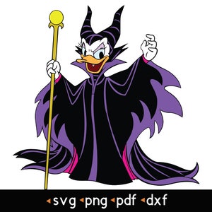 May include: A cartoon illustration of a duck dressed as a villain, wearing a black and purple cloak and holding a golden staff. The duck has black horns and a stern expression. The image includes the file type options: SVG, PNG, PDF, and DXF.