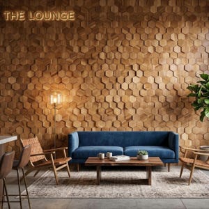 May include: A modern living room with a blue sofa, wooden coffee table, and two chairs. The wall is covered in a honeycomb pattern of wooden tiles. The text "THE LOUNGE" is displayed above the wall in a warm, glowing font.