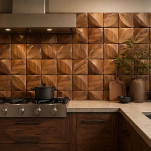 May include: A modern kitchen with dark wood cabinetry and a matching backsplash of carved wooden tiles. A stainless steel stove with a black pot sits on the countertop. Decorative items include a wooden cutting board, a vase with greenery, and a small black bowl.