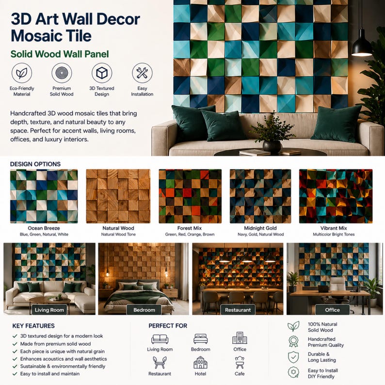 Solid Wood Mosaic Wall Panel – 3D Pine Art Decor, Easy Installation ...
