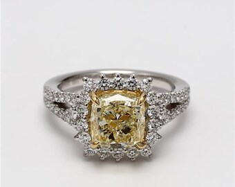 GIA Certified Natural Yellow Cushion and White Diamond 1.90 Carat TW Gold Ring