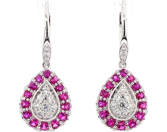 Natural Red Round Ruby and White Diamond 1.34 Carat Tw White Gold Drop Earrings