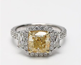 GIA Certified Natural Yellow Cushion and White Diamond 4.05 Carat TW Gold Ring