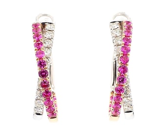 Natural Red Round Ruby and White Diamond 2.01 Carat Tw Rose Gold Drop Earrings