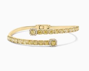 Natural Yellow Cushion and White Diamond 6.14 Carat Yellow Gold Cuff Bracelet