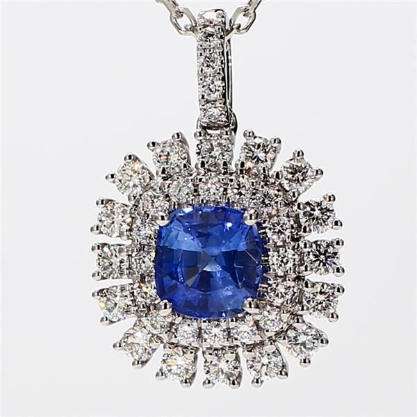 Natural Blue Cushion Sapphire and White Diamond 2.33 Carat TW White Gold Pendant