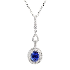 Natural Blue Oval Sapphire and White Diamond 1.63 Carat Tw Gold Drop Pendant