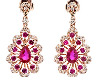 Natural Red Pear Ruby and White Diamond 1.81 Carat Tw Gold Drop Earrings