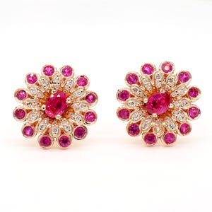 Natural Red Oval Ruby and White Diamond 1.32 Carat Tw Gold Stud Earrings