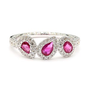 Natural Red Pear Ruby and White Diamond 1.10 Carat Tw Gold Cocktail Ring