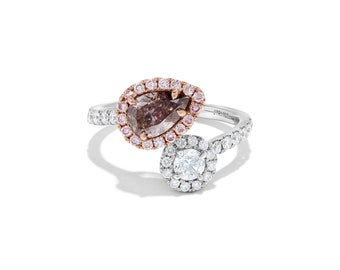 GIA Certified Natural Pink Pear and White Diamond 1.98 Carat TW Rose Gold Ring