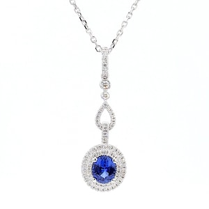 Natural Blue Oval Sapphire and White Diamond 1.24 Carat Tw Gold Drop Pendant