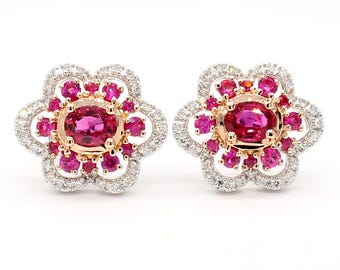 Natural Red Oval Ruby and White Diamond 1.68 Carat Tw Gold Stud Earrings