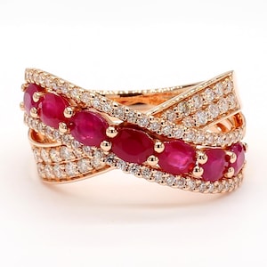 Natural Red Oval Ruby and White Diamond 2.04 Carat Tw Gold Cocktail Ring