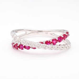 Natural Red Round Ruby and White Diamond .62 Carat Tw Gold Wedding Band