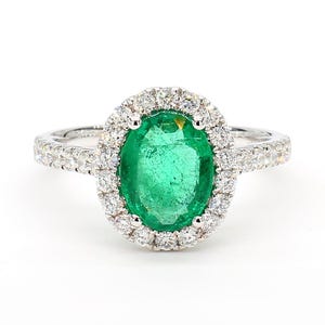 Natural Oval Emerald and White Diamond White Gold 2.46 Carat Tw Cocktail Ring