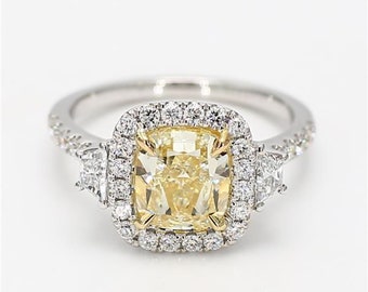 GIA Certified Natural Yellow Cushion Diamond 3.04 Carat TW Gold Cocktail Ring