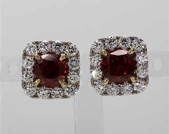 GIA Certified Natural Orange Cushion Diamond 2.87 Carat TW Gold Stud Earrings