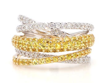 Natural Yellow Round Sapphire and White Diamond 1.86 Carat Tw Gold Cocktail Ring