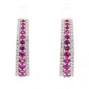 Natuurlijke rode ronde robijn en witte diamant 1,26 karaat witgouden hoepeloorbellen