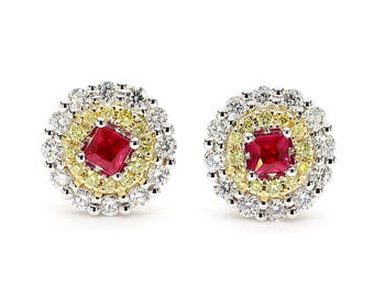 Natural Princess Ruby and White Diamond 1.09 Carat Tw Rose Gold Stud Earrings