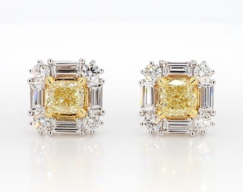 Natural Yellow Cushion Diamond 1.73 Carat Tw Gold Stud Earrings