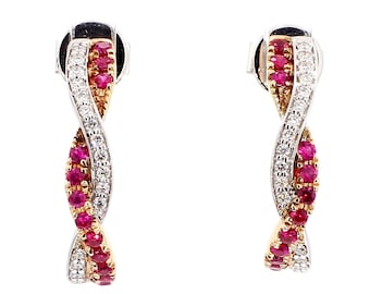 Natural Red Round Ruby and White Diamond 0.53 Carat Tw Rose Gold Drop Earrings