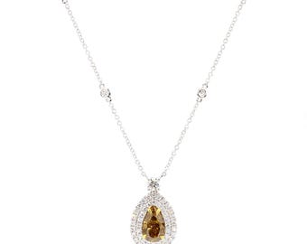 Gia Natural Fancy Deep Brownish Yellow Pear Diamond 3.27 Carat Tw Gold Necklace
