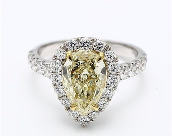 GIA Certified Natural Yellow Pear and White Diamond 3.41 Carat TW Gold Ring