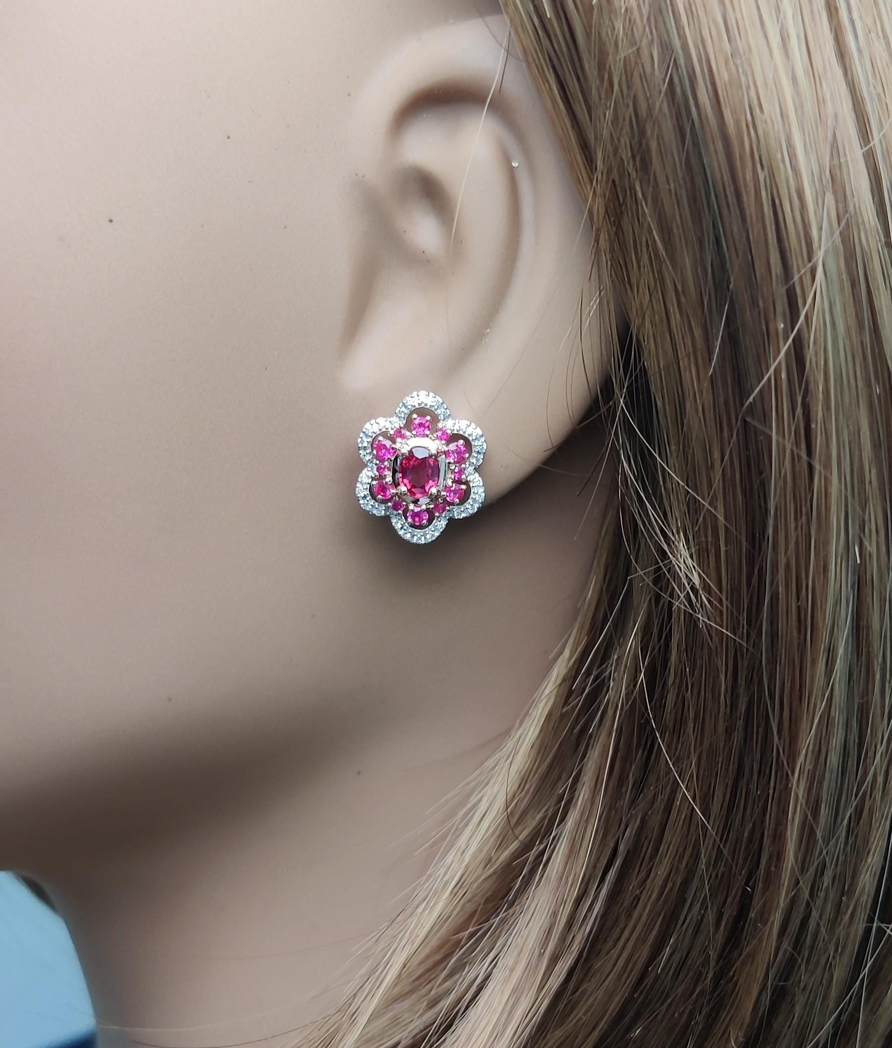 Natural Red Oval Ruby and White Diamond 1.68 Carat Tw Gold Stud