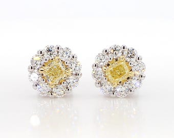 Natural Yellow Cushion Diamond 1.42 Carat Tw Gold Stud Earrings