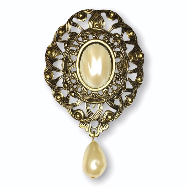 Vintage Ornate Gold Tone Faux Pearl Cabochon and Teardrop Pendant or Brooch