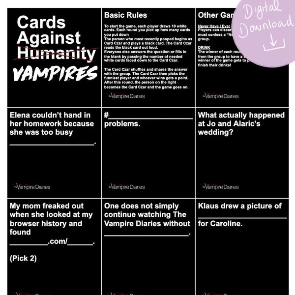 Cartes contre les vampires (version TVD) | Cartes contre l'humanité | Jeux imprimables | Téléchargement numérique | Le journal des vampires | 600 cartes