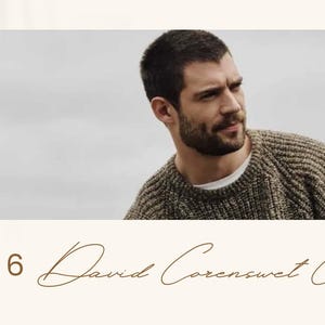 Peut inclure: Calendrier 2026 avec un homme portant un pull brun. L'homme regarde sur le côté avec une expression neutre. Le calendrier a un fond crème avec le texte "2026 David Corenswet Calendar" en police script marron.