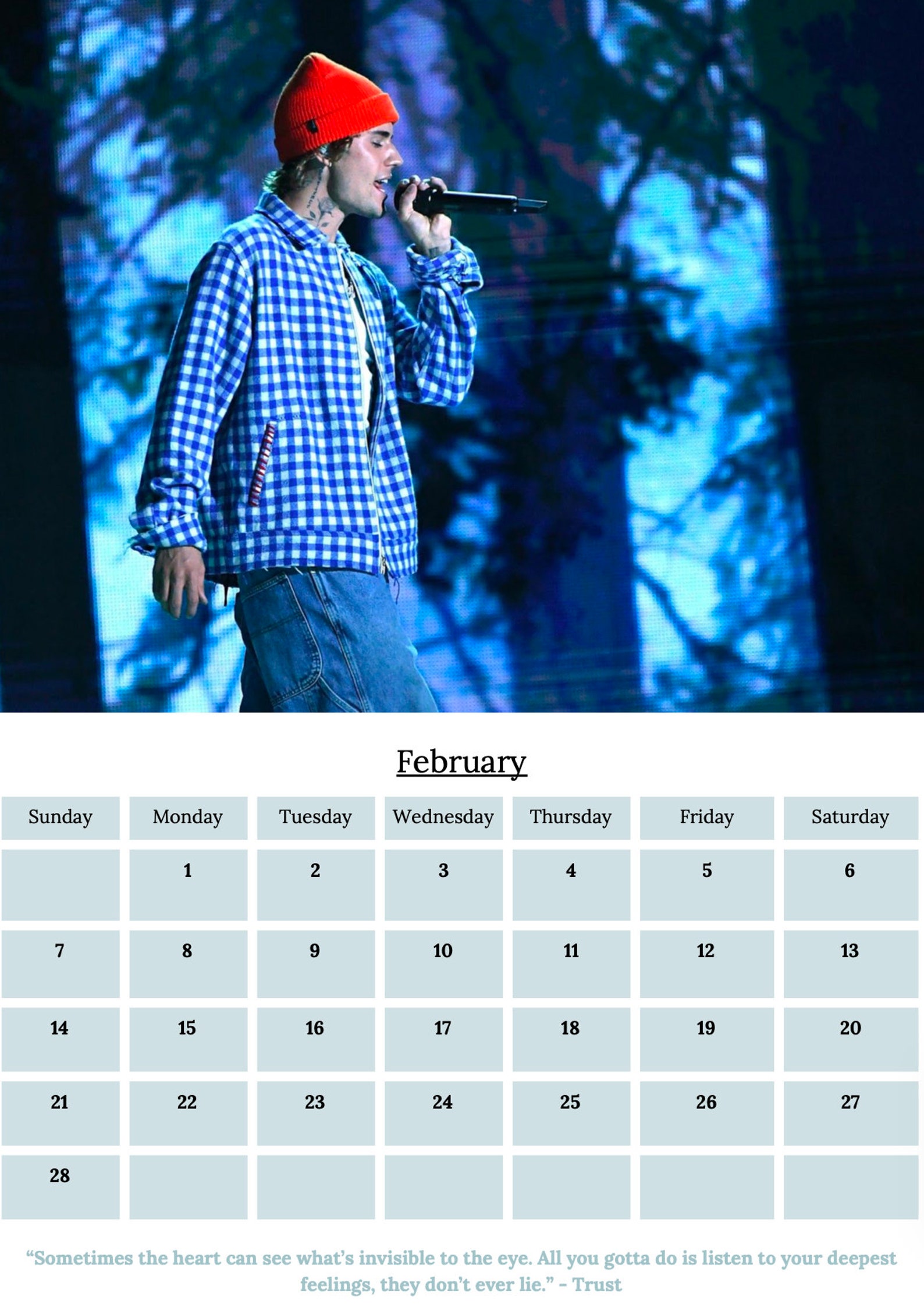 Justin Bieber 2021 Calendar With Quotes digital Etsy