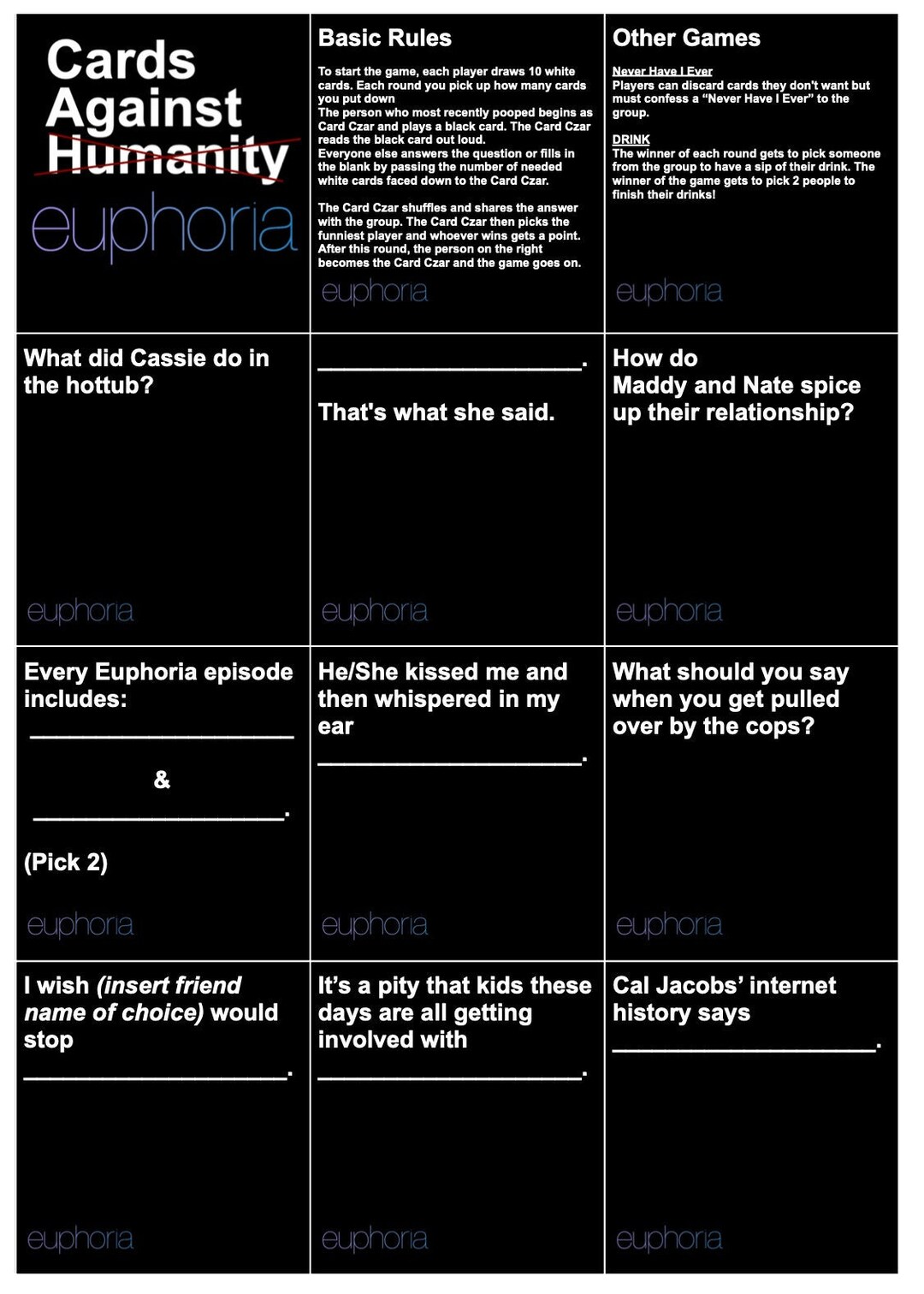 Cards Against Euphoria Cards Against Humanity Printable - Etsy