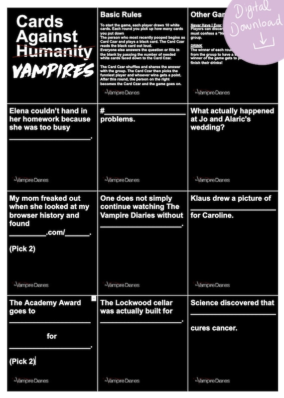 Carte contro i vampiri Versione TVD / Carte contro l'umanità / Giochi  stampabili / Download digitale / The Vampire Diaries / 600 carte -   Italia