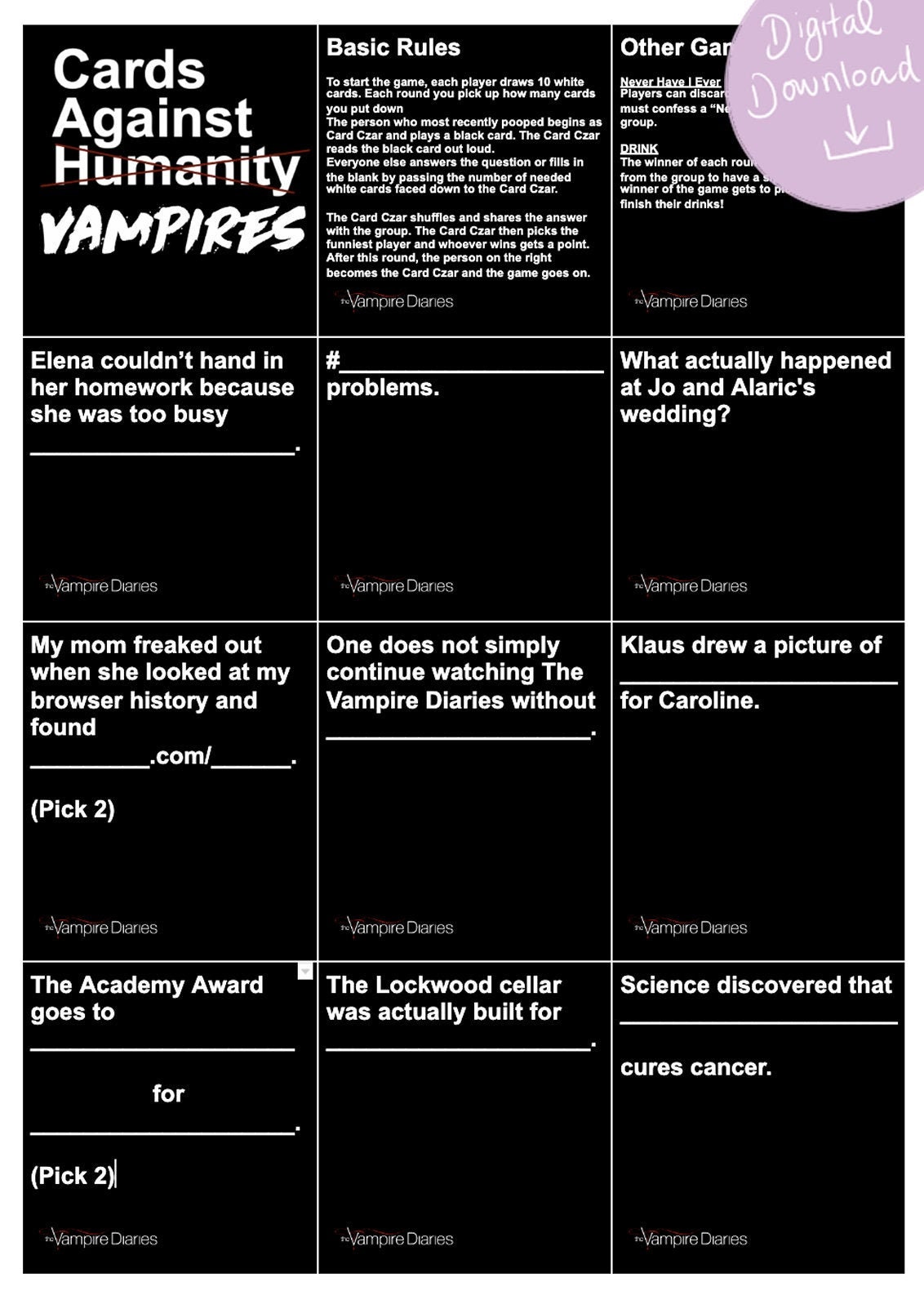Cards Against Vampires TVD Version Cards Against Humanity Printable Games  Digital Download the Vampire Diaries 600 Cards 