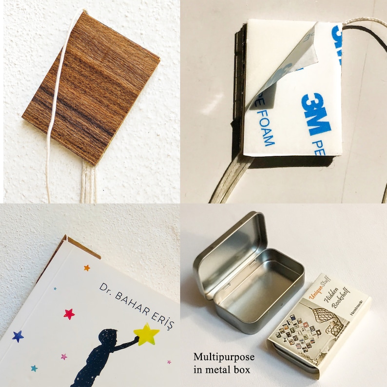 May include: A collection of items including a wooden bookmark with string, a 3M PE foam adhesive, a book with the text "Dr. BAHAR ERİŞ", and a small open metal box with a miniature book labeled "Unique Stuff Hidden Bookshelf".