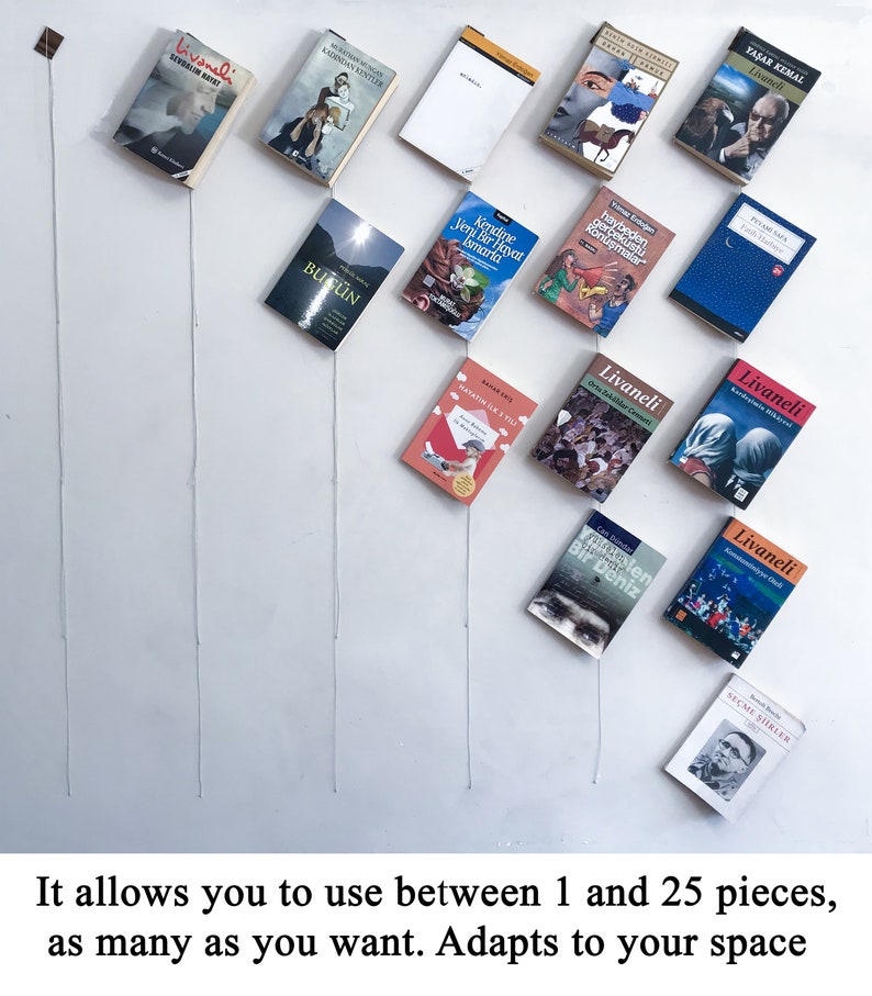 May include: An assortment of small books with colorful covers and various titles, arranged on a white wall. The books are suspended by thin strings, creating a unique display. The image includes text at the bottom.