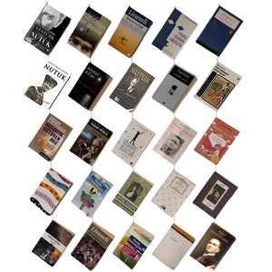 May include: An assortment of small books, each with a unique cover design and title. The books are suspended by strings, creating a visually interesting display. The covers feature portraits, illustrations, and text in various fonts and colors.